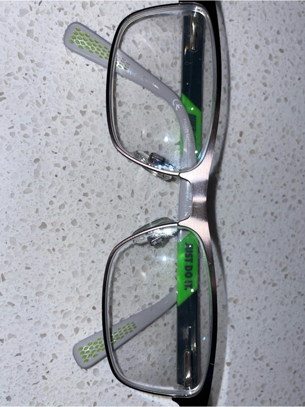 Silver Rectangle Glasses with Green Accent